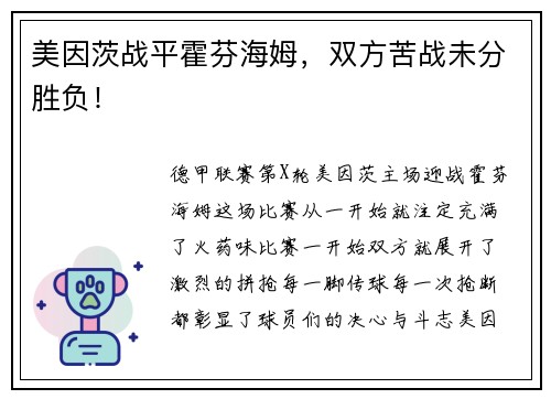美因茨战平霍芬海姆，双方苦战未分胜负！