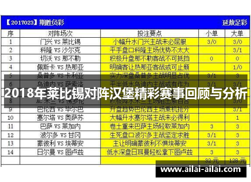 2018年莱比锡对阵汉堡精彩赛事回顾与分析